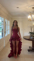 Unique High Low Strapless Burgundy Long Prom Dresses with Tassel Ruffles