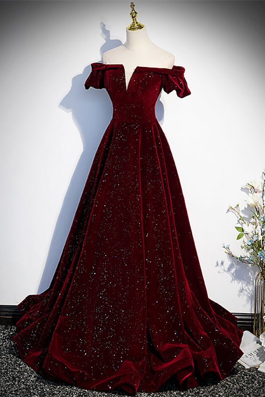 Off-Shoulder A-Line Empire Velvet Beaded Prom Party Dress