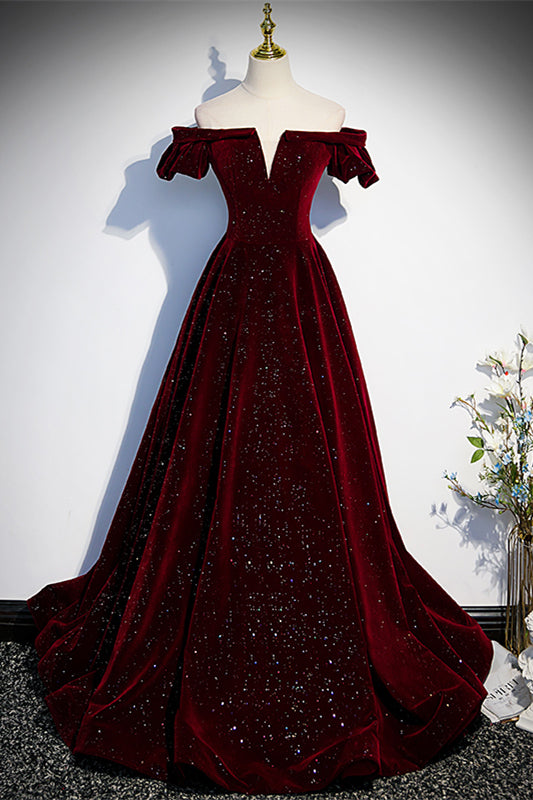 Off-Shoulder A-Line Empire Velvet Beaded Prom Party Dress
