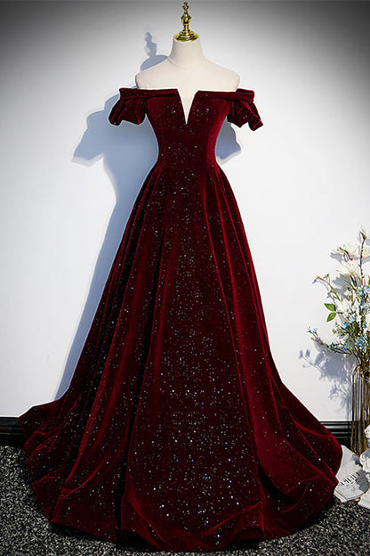 Off-Shoulder A-Line Empire Velvet Beaded Prom Party Dress
