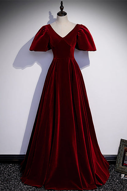 Burgundy Velvet V-Neck Short Sleeves Long Formal Dress