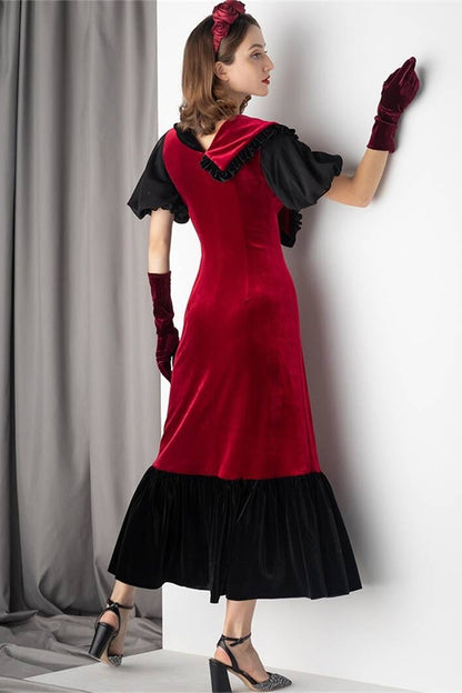 Burgundy and Black Velvet Midi Dress