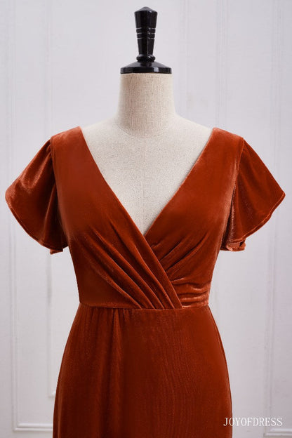 Burnt Orange Velvet Bridesmaid Dress with Flutter Sleeves