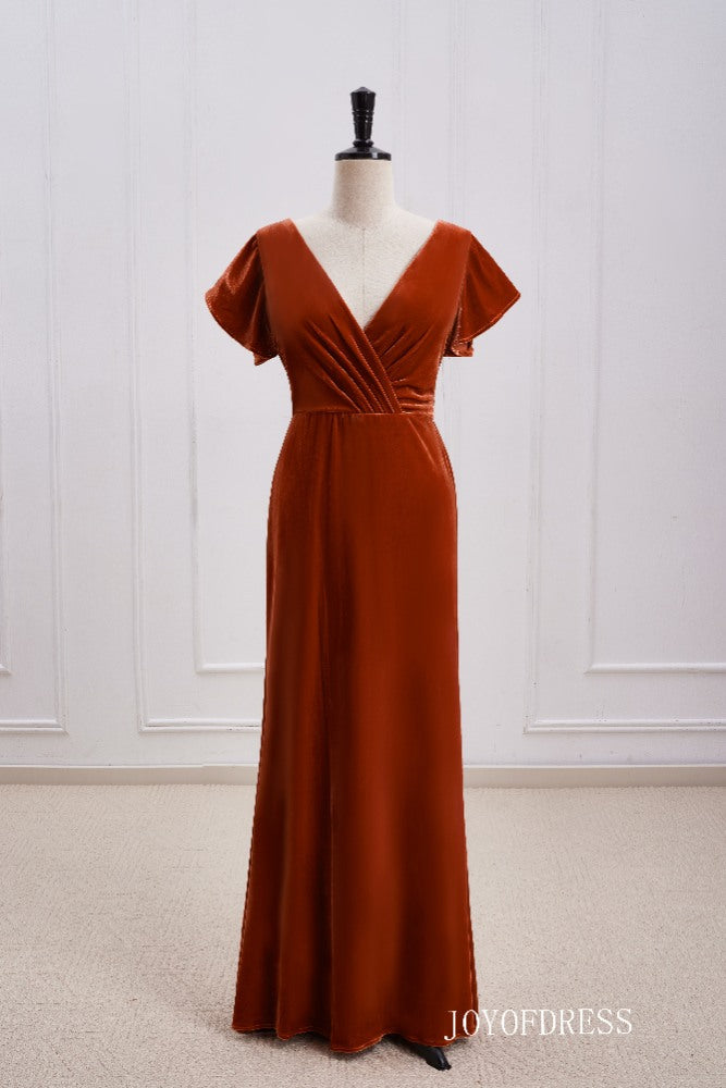 Burnt Orange Velvet Bridesmaid Dress with Flutter Sleeves