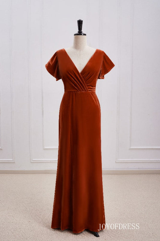 Burnt Orange Velvet Bridesmaid Dress with Flutter Sleeves