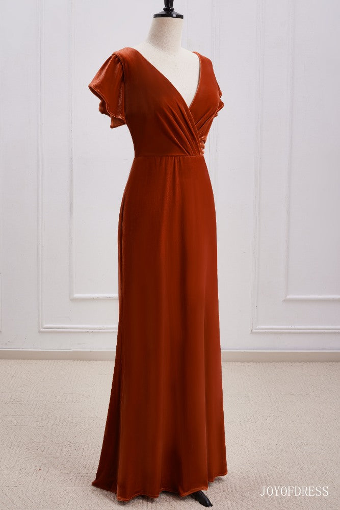 Burnt Orange Velvet Bridesmaid Dress with Flutter Sleeves