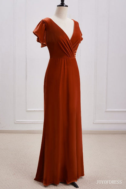 Burnt Orange Velvet Bridesmaid Dress with Flutter Sleeves