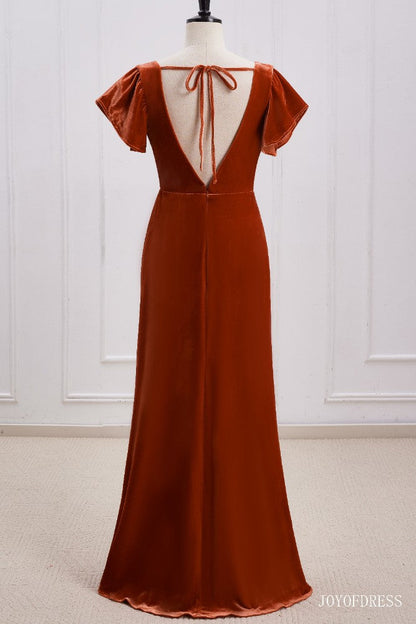 Burnt Orange Velvet Bridesmaid Dress with Flutter Sleeves