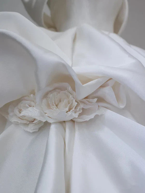 Elegant White Satin Off-the-shoulder Ruffle Ball Gown Design A-Line Wedding Dress TP4104