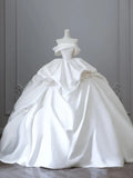 Elegant White Satin Off-the-shoulder Ruffle Ball Gown Design A-Line Wedding Dress TP4104