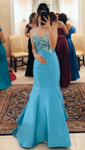 Unique Mermaid Peacock Blue Satin Party Dress Long Wedding Guest Outfit