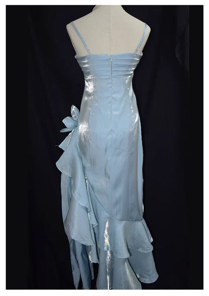 Blue shiny stylish elegant spaghetti straps long satin ball gown evening dress party dress gh3489