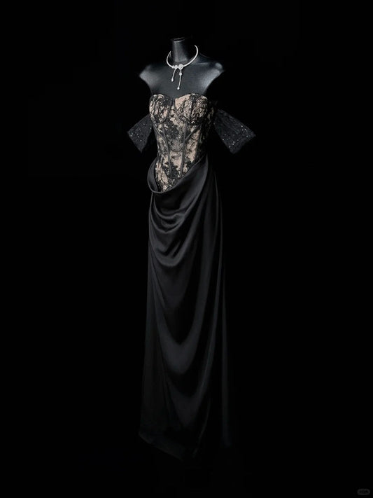 Girlhomeshops-Black Fashion Lace Tight corset Fishbone Skirt Long Satin Prom Dress gh5307