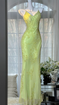 Vintage Sheath Spaghetti Straps Maxi Dress Beaded Light Green Long Prom Outfit