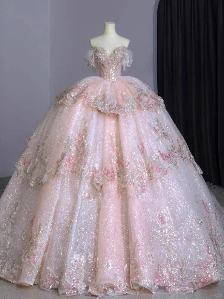 Pink Beaded Long Tulle Ball Gown Evening Dress gh4830