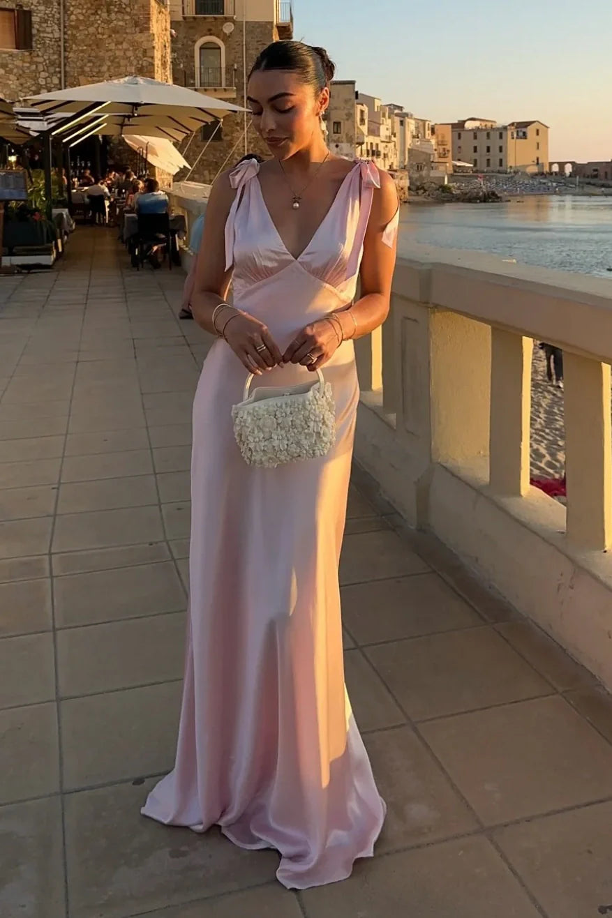 Casual Low V-Neck Straps Satin A-Line Party Prom Dress