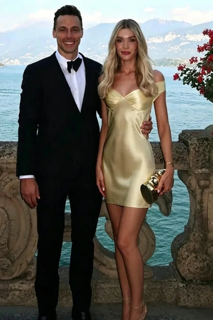 Casual Off-Shoulder Satin Fitted Mini Party Homecoming Dress