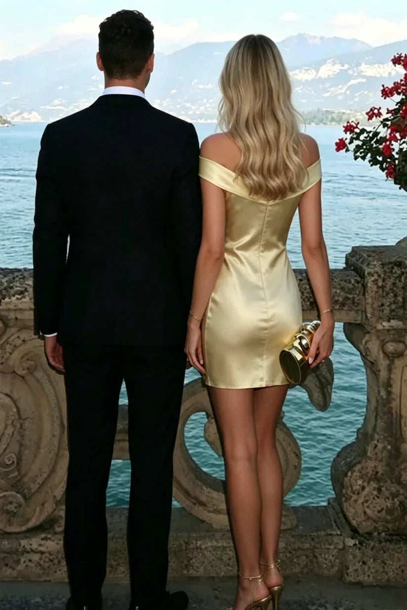 Casual Off-Shoulder Satin Fitted Mini Party Homecoming Dress