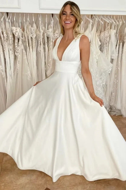 Casual Satin A-Line Low V-Neck Empire Long Wedding Dress