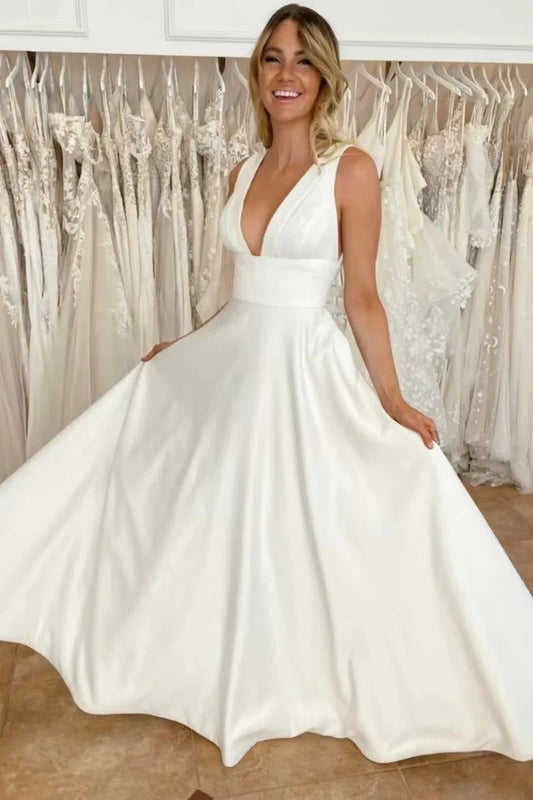 Casual Satin A-Line Low V-Neck Empire Long Wedding Dress