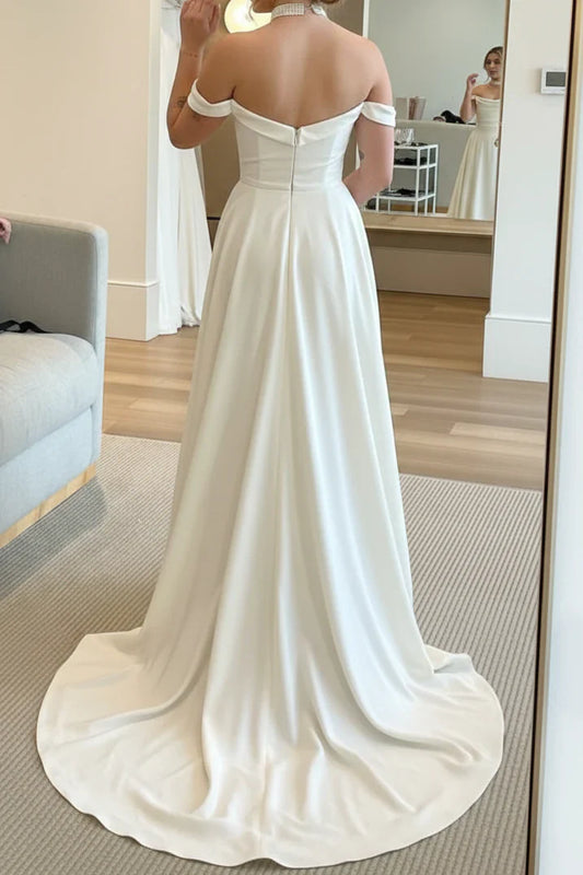 Casual Satin A-Line Off-Shoulder Empire Wedding Dress With Sweep Train