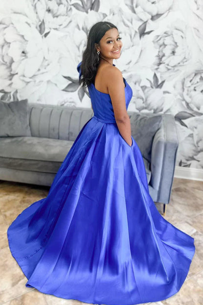 Casual Satin A-Line One Shoulder Empire With Pockets Prom Dress