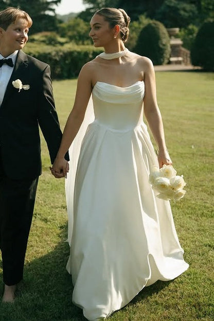 Casual Satin A-Line Strapless Empire Wedding Dress With Train