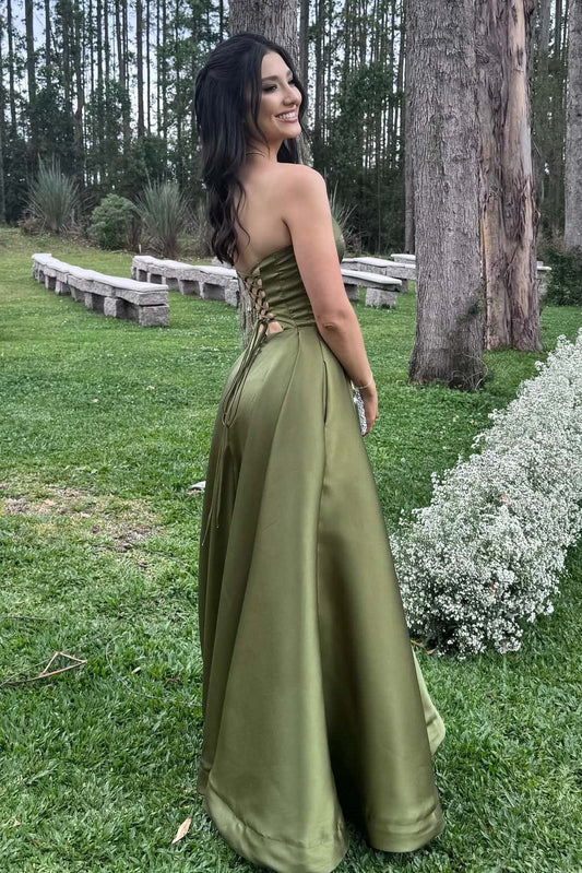 Casual Satin A-Line Strapless Lace Up Party Prom Dress With Pockets