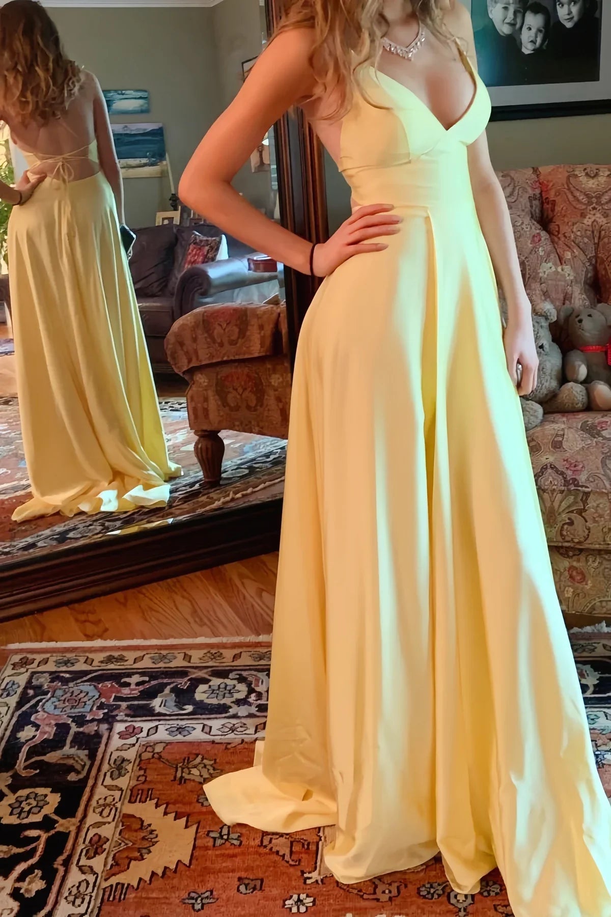 Casual Satin A-Line V-Neck Lace Up Party Prom Dress