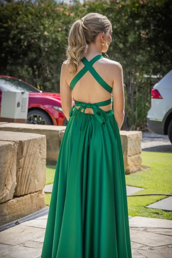 Casual Satin A-Line V-Neck Lace Up Party Prom Dress