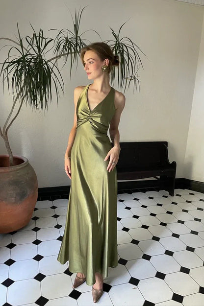 Casual Halter Satin A-Line V-Neck Lace Up Party Prom Dress