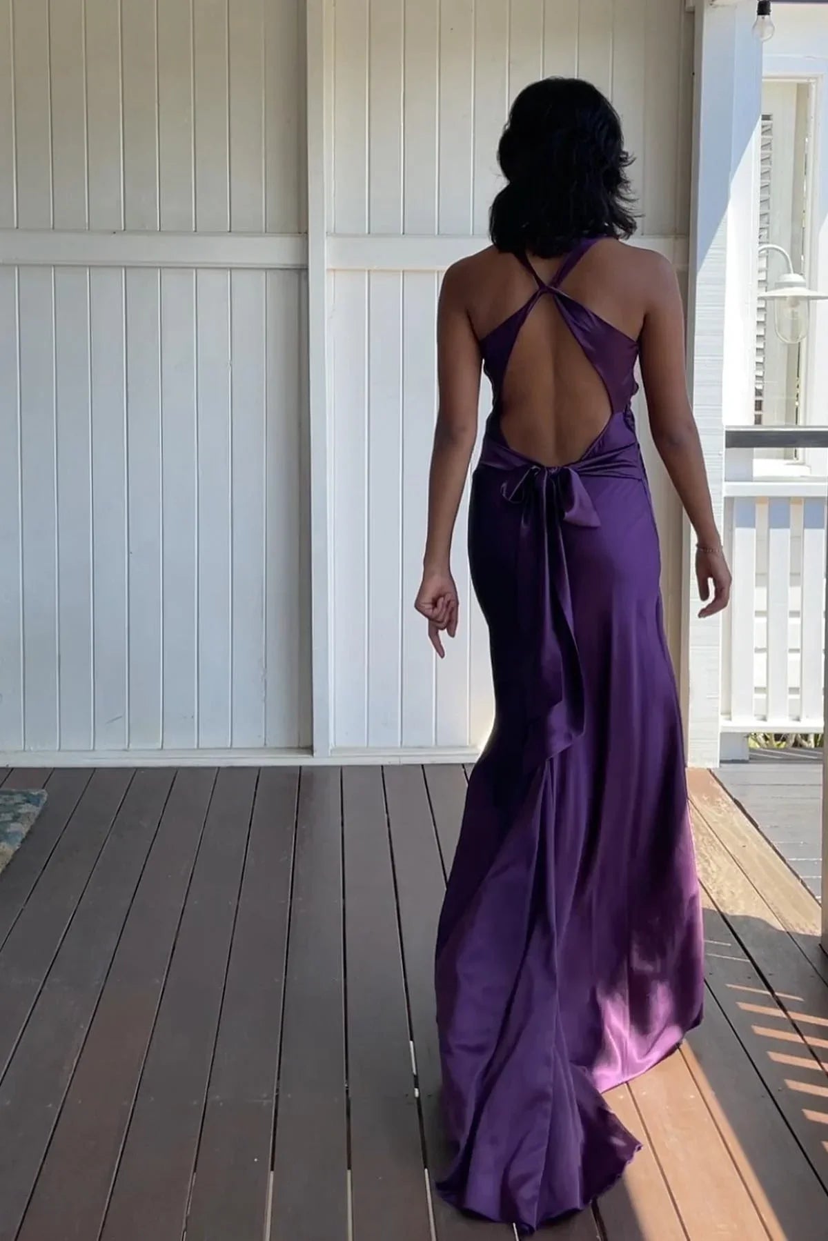 Casual Halter Satin A-Line V-Neck Lace Up Party Prom Dress