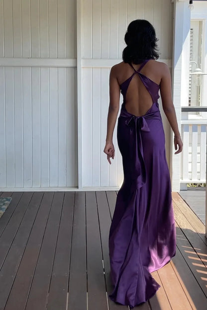 Casual Halter Satin A-Line V-Neck Lace Up Party Prom Dress