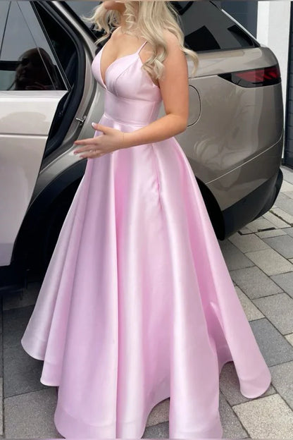 Casual Satin A-Line V-Neck Sleeveless Lace Up Party Prom Dress