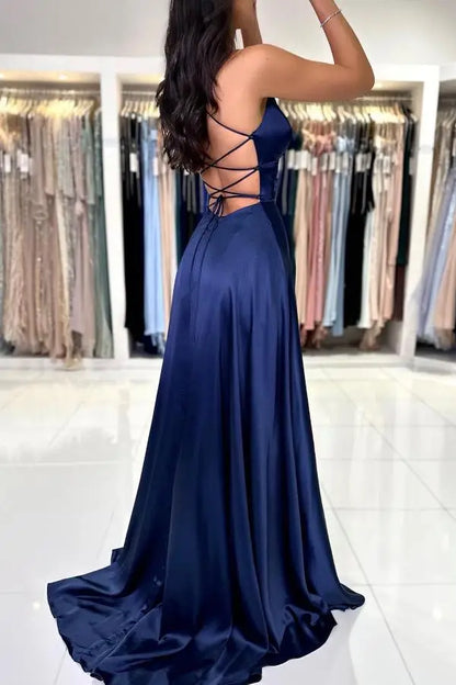 Casual Satin A-Line V-Neck Sleeveless Long Party Prom Dress With Slit