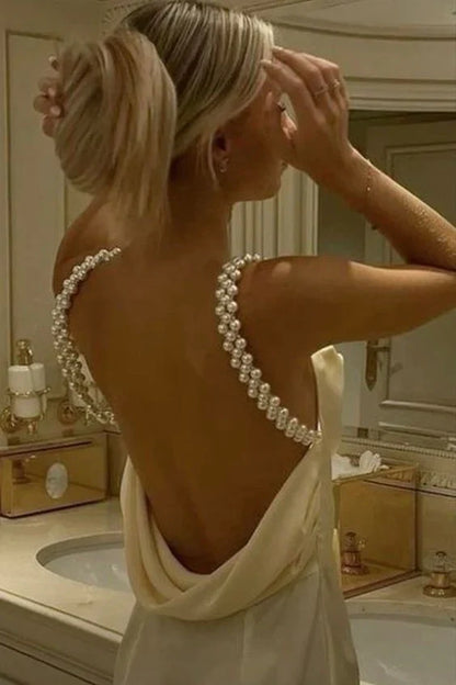 Casual Satin Backless Pearls Straps Long Party Prom Dress