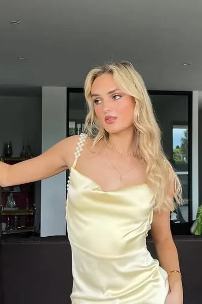 Casual Satin Backless Pearls Straps Long Party Prom Dress