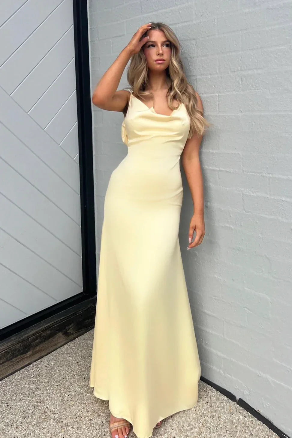 Casual Satin Backless Pearls Straps Long Party Prom Dress