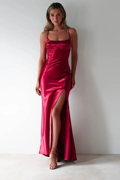 Casual Satin Bateau Lace Up Party Prom Dress With Slit