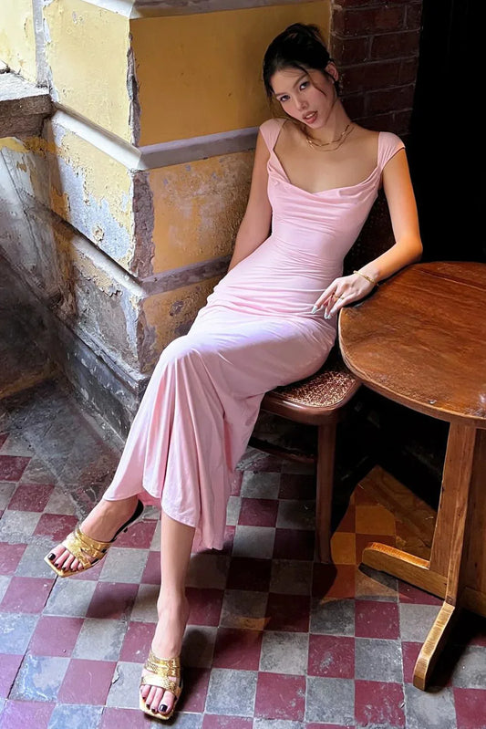 Casual Satin Cap Sleeves Empire Waist Lace-Up Party Prom Dress