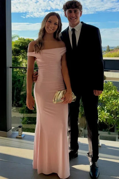 Casual Satin Fitted Off-Shoulder Sleeveless Long Party Prom Dress