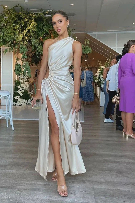 Casual Satin Mermaid Pleated Empire Party Evening Dress With Slit