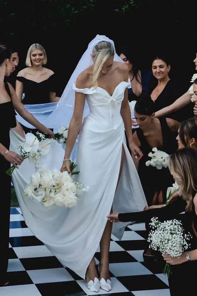 Casual Satin Off-Shoulder Mermaid Wedding Dress With Slit