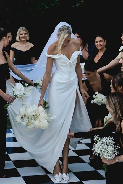 Casual Satin Off-Shoulder Mermaid Wedding Dress With Slit