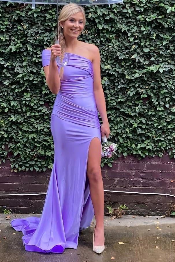 Casual Satin One Shoulder Sleeveless Mermaid Party Prom Dress With Slit