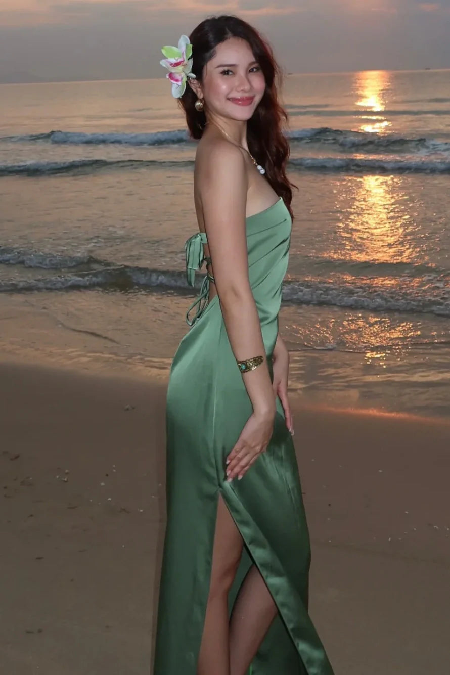 Casual Satin Strapless Party Evening Dress With Leg Slit