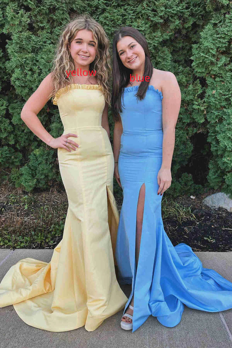 Ruffle Strapless Satin Mermaid Party Prom Dress With Train