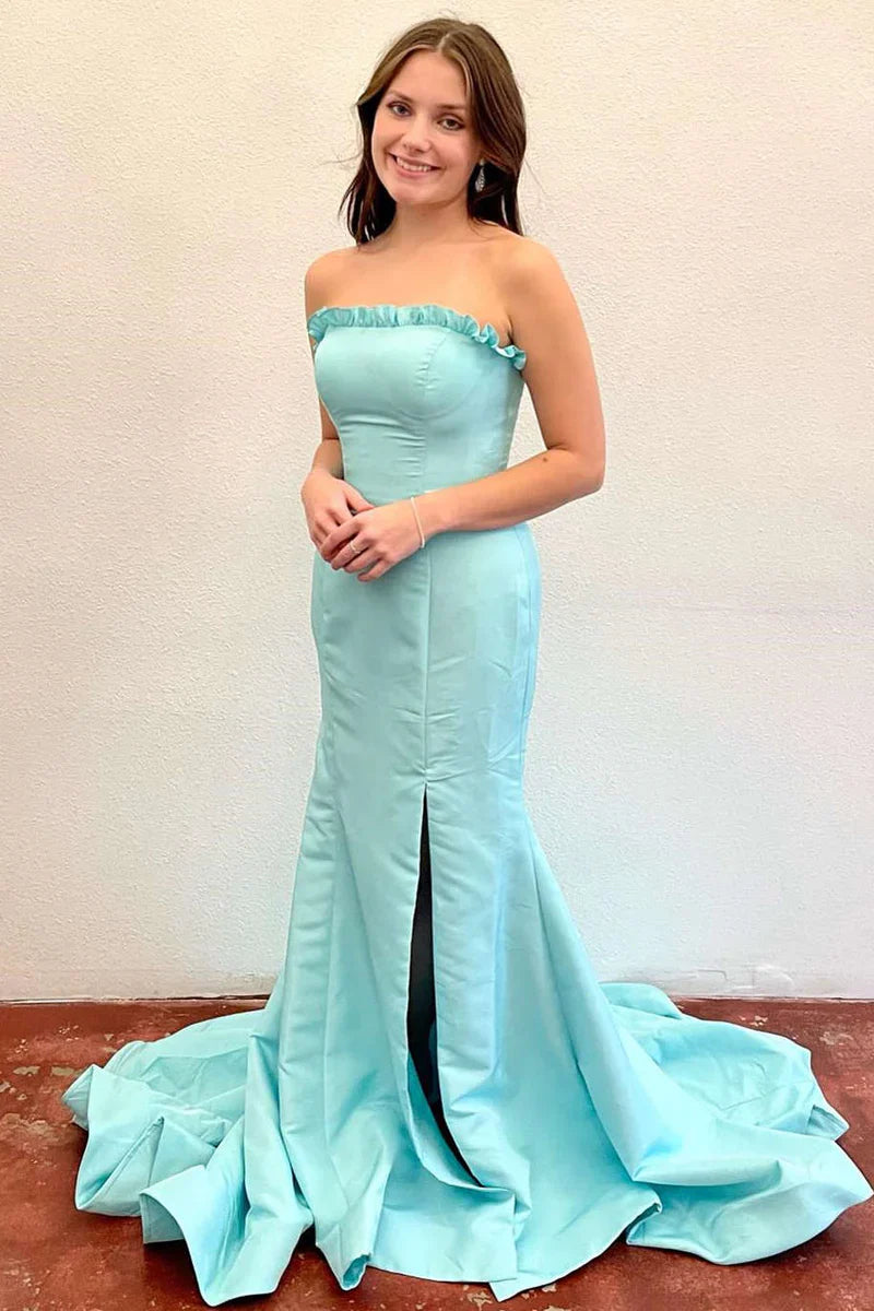Ruffle Strapless Satin Mermaid Party Prom Dress With Train