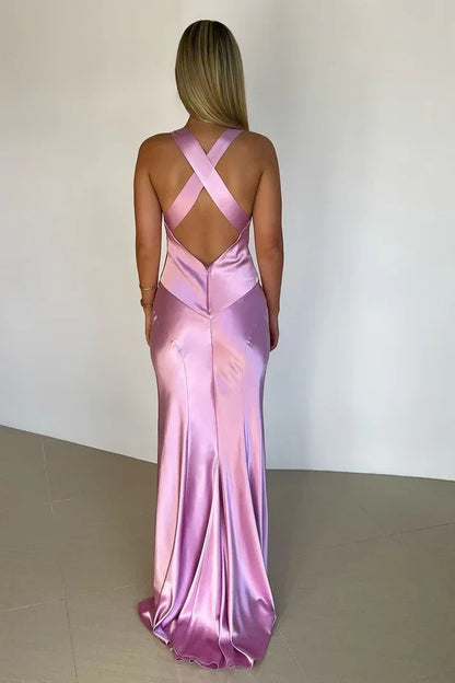 Casual Satin V-Neck Sleeveless Long Party Evening Dress