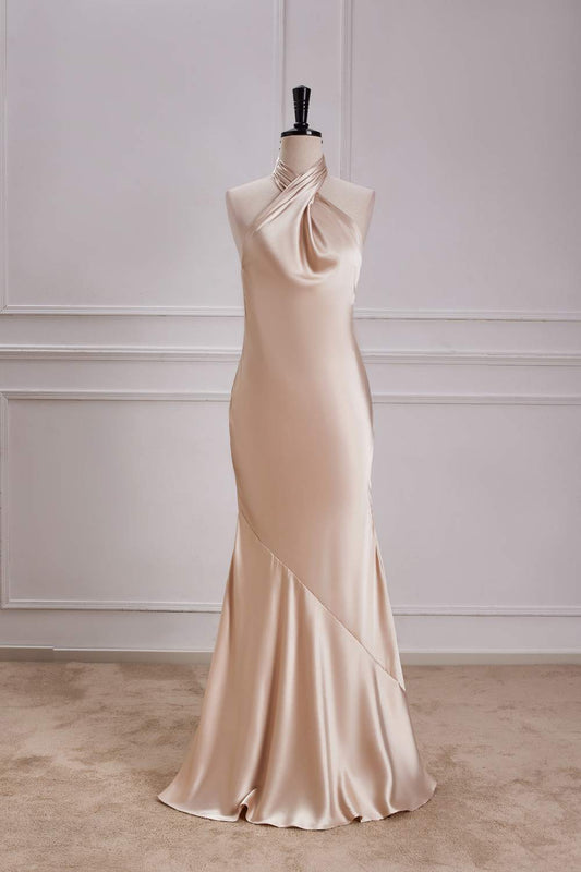 Champagne Crossed Halter Mermaid Ruffled Satin Long Bridesmaid Dress